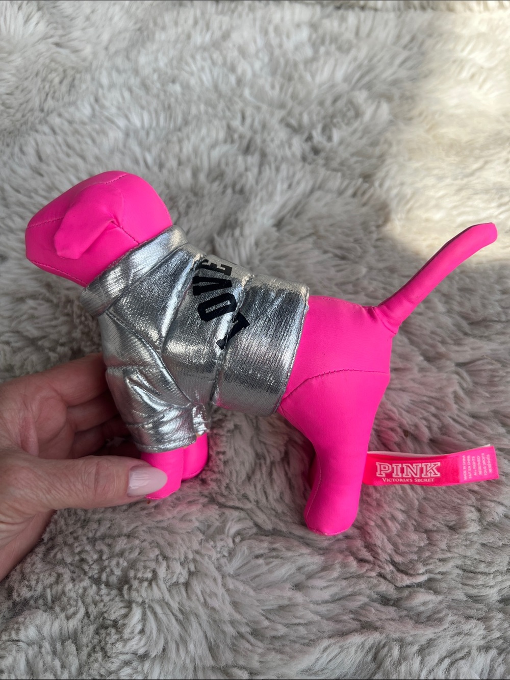 PINK Victoria's Secret Hot Pink Dog Plush with Metallic Silver Jacket